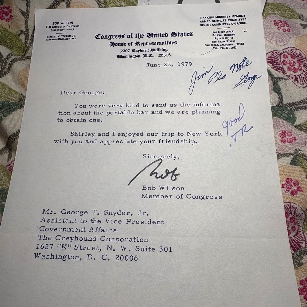 🇺🇸 Congressman Bob Wilson — 1979 Signed Autograph Letter | Congress California